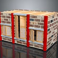 Cartoon Scene of a Brick House with Red Pillars Wooden Doors and Windows