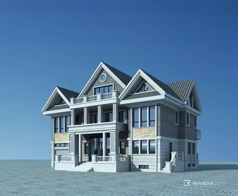 Elegant Detached Villa With Gabled Roof Large Windows And Stone Exterior 3d model 