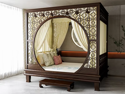 Chinese Style Wooden Double Bed With Carved Frame Canopy And Pillows In Bright Room 3d model