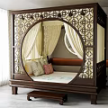 Chinese Style Wooden Double Bed With Carved Frame Canopy And Pillows In Bright Room