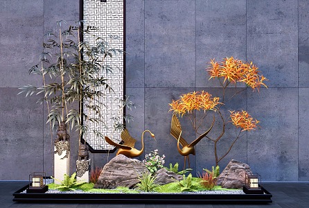 Courtyard interior landscape sketch crane stone bamboo landscape plant combination 3d model