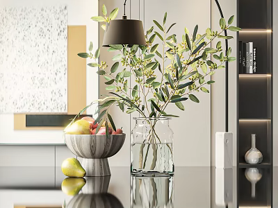 Modern Interior Countertop With Glass Vase Holding Fresh Olive Branches And Fruit Bowl 3d model
