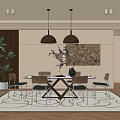 Modern Elegant Restaurant Interior With Dining Table Chairs Pendant Lights And Decorative Painting