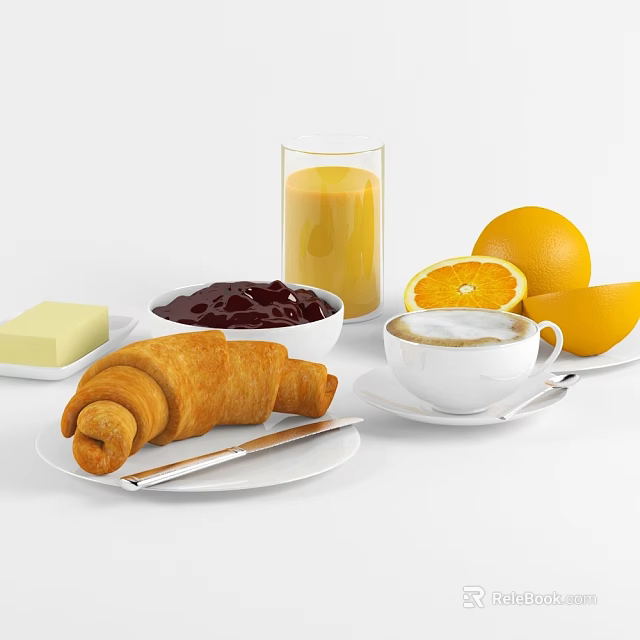 Fresh Breakfast Food With Croissant Butter Jam Coffee Orange Juice And Oranges 3d model 