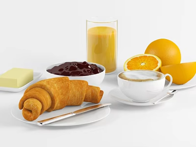 Fresh Breakfast Food With Croissant Butter Jam Coffee Orange Juice And Oranges 3d model