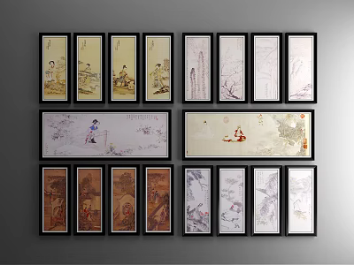 Traditional Framed Figure Paintings Arranged in Multiple Rows with Black Borders 3d model