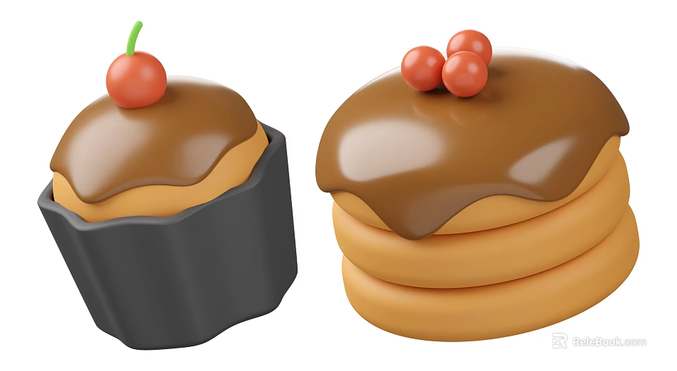 Stacked Pancakes And Cupcake Topped With Chocolate Sauce And Fresh Cherries 3d model 
