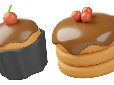 Stacked Pancakes And Cupcake Topped With Chocolate Sauce And Fresh Cherries 3d model