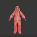 Man wearing green jacket orange pants yellow helmet goggles and backpack standing on gray background