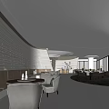 Modern Hotel Lobby With Curved Wall Gray Furniture Round Carpet And Large Windows