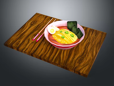 Ramen Bowl with Soft Boiled Egg Green Onions and Nori on Wooden Tray and Chopsticks 3d model