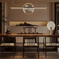 Chinese Style Tearoom With Wooden Table Chairs And Landscape Decor
