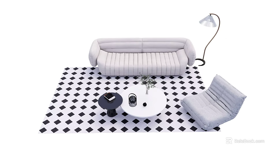 Modern Sofa and Coffee Table Set With Black White Checkered Rug Armchair and Floor Lamp 3d model 