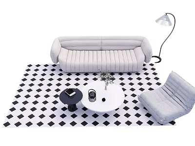 Modern Sofa and Coffee Table Set With Black White Checkered Rug Armchair and Floor Lamp 3d model