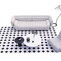 Modern Sofa and Coffee Table Set With Black White Checkered Rug Armchair and Floor Lamp
