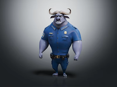 3D Anthropomorphic Bull Police Officer in Blue Uniform With Muscular Build 3d model