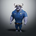 3D Anthropomorphic Bull Police Officer in Blue Uniform With Muscular Build