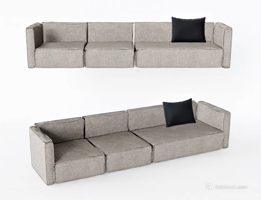 Gray Fabric Three Seater Sofa With Black Cushion Modern Design 3d model