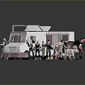 Group of People Surrounding White Prison Van with Weapons and Items