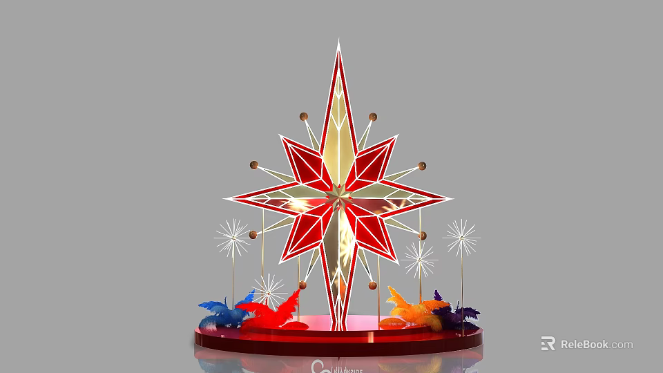 Eye Catching Star Shaped Photo Spot With Red Gold Design And Colorful Decorations 3d model 