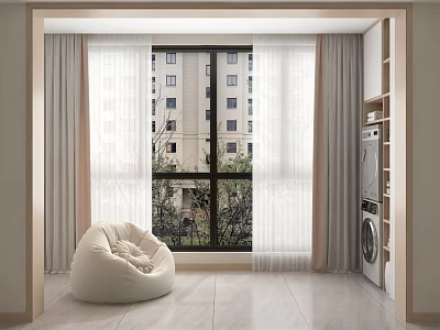 Home Balcony Design With Bean Bag Chair Large Window Light Curtains Washing Machine Storage Cabinets And Tile Floor 3d model