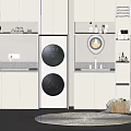 Modern Bathroom Cabinet Design With White Storage Mirror Double Washing Machines And Round Rug