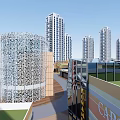 Modern Commercial Street With High Rise Buildings And Glass Dome Structure