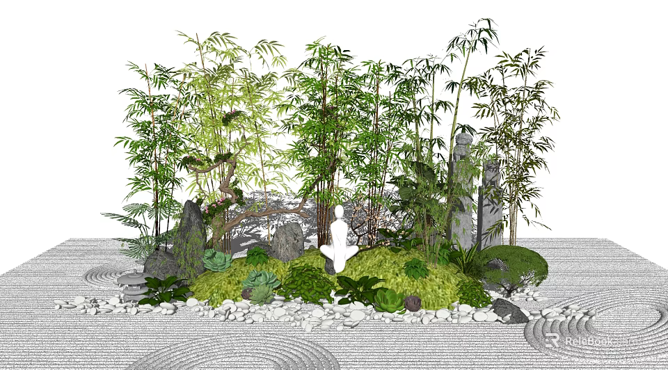 Garden Ornamental Landscape With Bamboo Plants Stones White Statue Mossy Grass And Pebble Patterns 3d model 