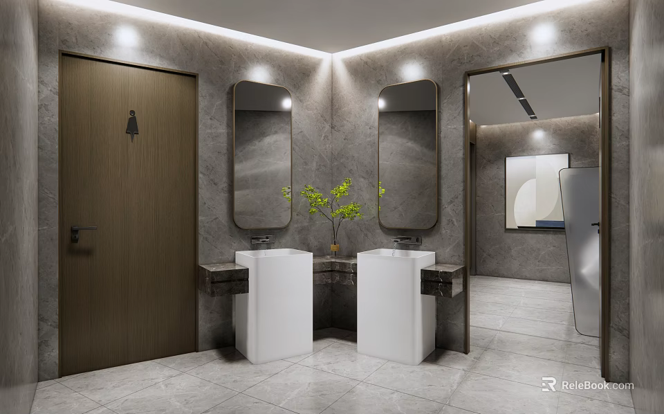 Modern Public Restroom Interior With Two White Washbasins Round Mirrors Green Plant And Recessed Lighting 3d model 