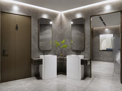 Modern Public Restroom Interior With Two White Washbasins Round Mirrors Green Plant And Recessed Lighting 3d model