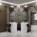 Modern Public Restroom Interior With Two White Washbasins Round Mirrors Green Plant And Recessed Lighting