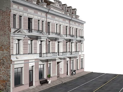 Detached Villa With Pink Exterior Red Brick Details Balcony Railings Potted Plant And Bench 3d model