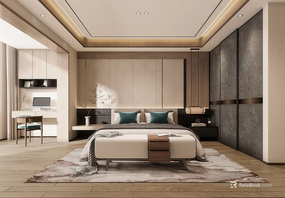 Elegant Modern Bedroom Interior Design With Bed Pillows Nightstands Rug And Desk Chair 3d model 