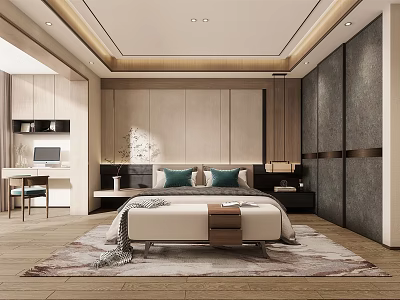 Elegant Modern Bedroom Interior Design With Bed Pillows Nightstands Rug And Desk Chair 3d model