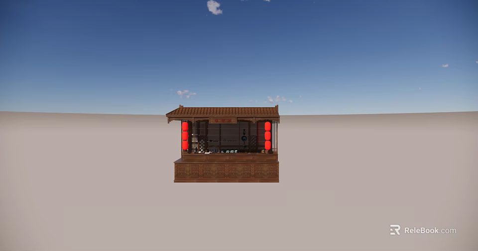 Open Air Traditional Chinese Wooden Booth With Red Lanterns And Tile Roof 3d model 
