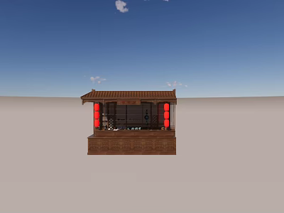 Open Air Traditional Chinese Wooden Booth With Red Lanterns And Tile Roof 3d model