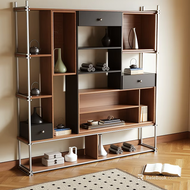 Modern Minimalist Bookcase With Metal Frame Wooden Shelves And Decorative Items 3d model 
