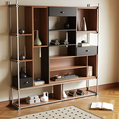 Modern Minimalist Bookcase With Metal Frame Wooden Shelves And Decorative Items 3d model