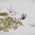 3D Rendered Various Plants Featuring Grass Shrubs Slender Branches And Clustered Leaves In Natural Landscape