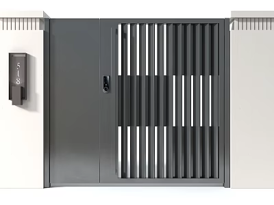 Modern Entrance Gate Design Featuring Vertical Slats And Access Control Device 3d model