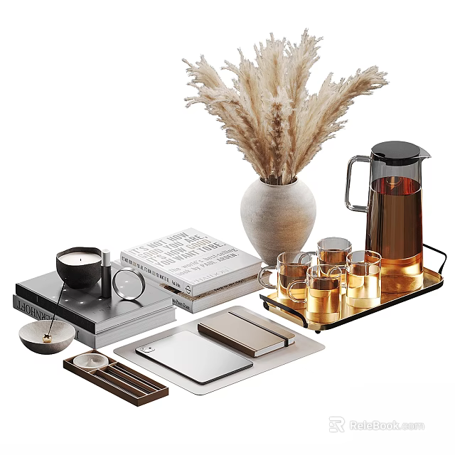 Decorative Ornament Set With Ceramic Vase Dried Pampas Grass Metal Tray Glass Cups And Books 3d model 
