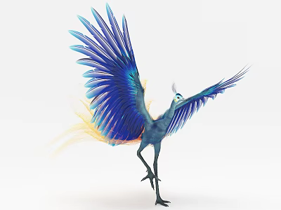 Vibrant Mythical Flying Bird With Blue Spread Wings And Yellow Tail Feathers On White Background 3d model