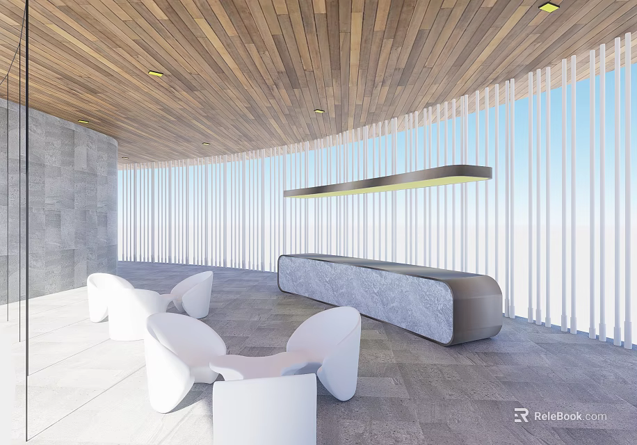 Modern Interior Space With Wooden Ceiling White Chairs Gray Desk And Large Windows 3d model 