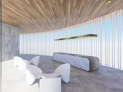 Modern Interior Space With Wooden Ceiling White Chairs Gray Desk And Large Windows 3d model