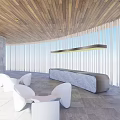 Modern Interior Space With Wooden Ceiling White Chairs Gray Desk And Large Windows