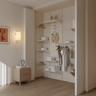 Modern Open Closet Design With Hanging Clothes Shelves And Storage Boxes 3d model