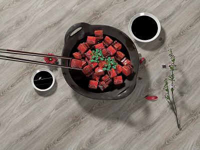 Red Braised Pork Cubes in Black Bowl with Chopsticks Soy Sauce Topped with Green Cilantro 3d model
