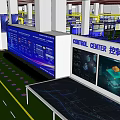 Industrial Factory Interior With Green Floor Yellow Railings And Data Display Boards