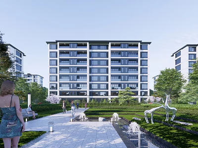 Mid Rise Apartment Building With Landscaped Garden Water Features Sculptures And Pedestrian Paths 3d model