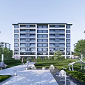 Mid Rise Apartment Building With Landscaped Garden Water Features Sculptures And Pedestrian Paths